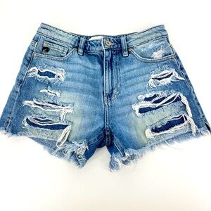 KanCan Distressed Patched Jean Shorts Size Small High Rise 3" Inseam Fringe Blue